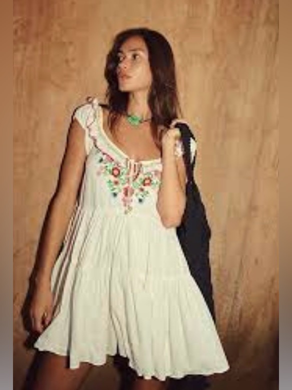 Free People White Boho Mini Dress With Embroidered Flowers